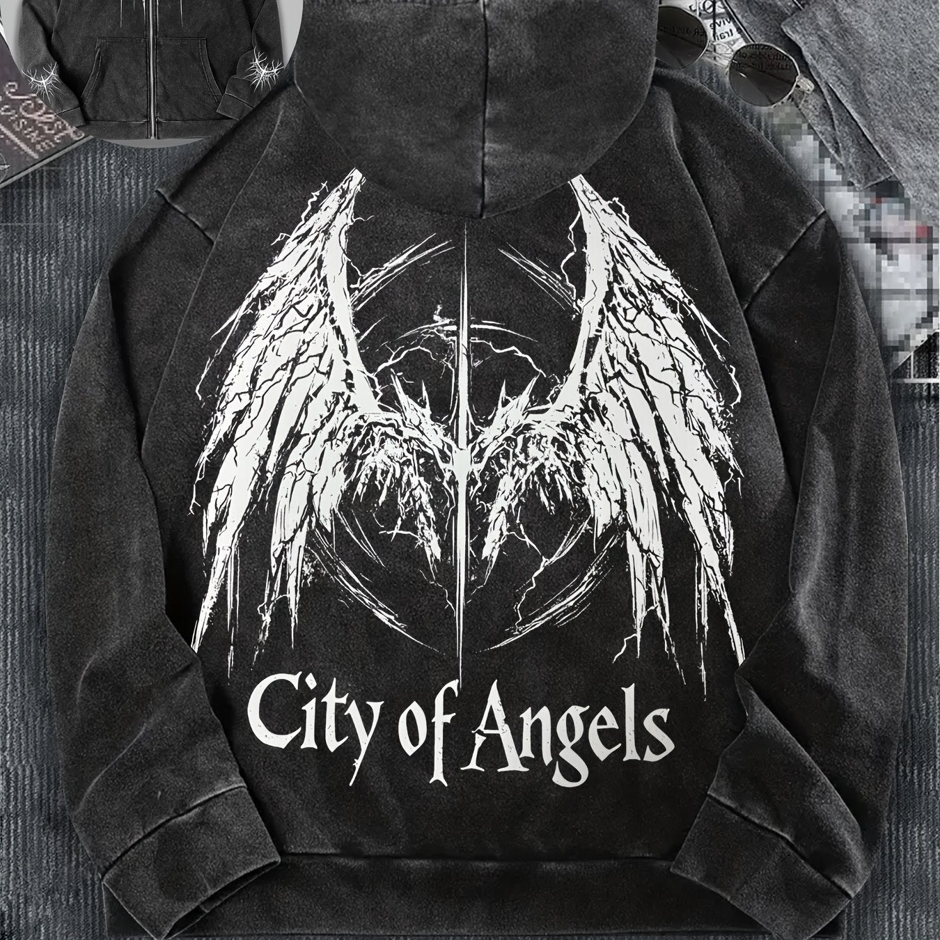 ashed Black "City of Angels" Zip Hoodie-EMMEUS