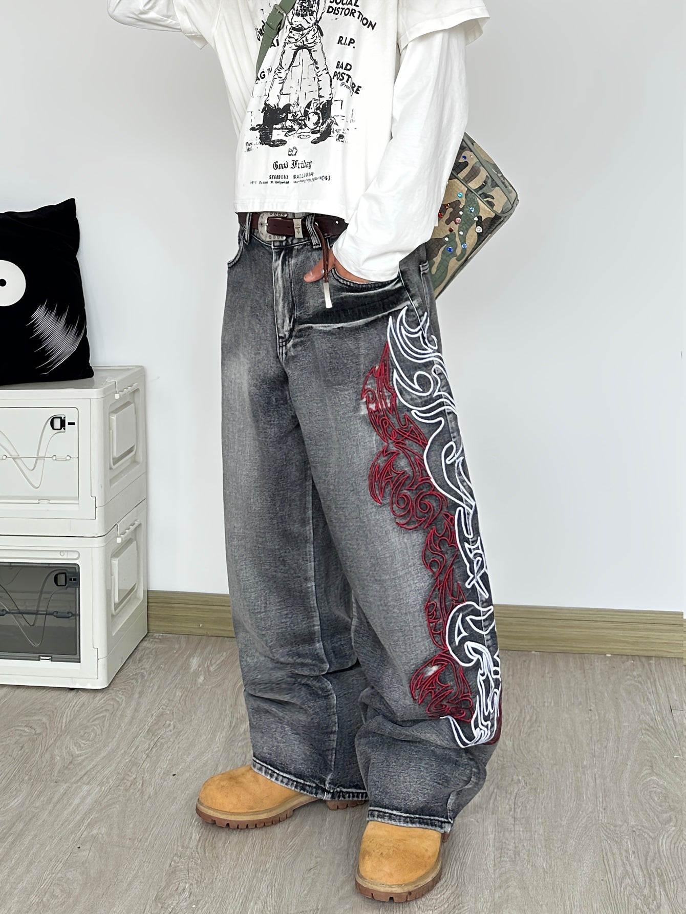 Vintage Dragon Flame Wide-Leg Jeans-Emmeus