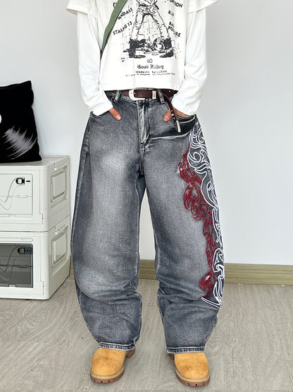 Vintage Dragon Flame Wide-Leg Jeans-Emmeus