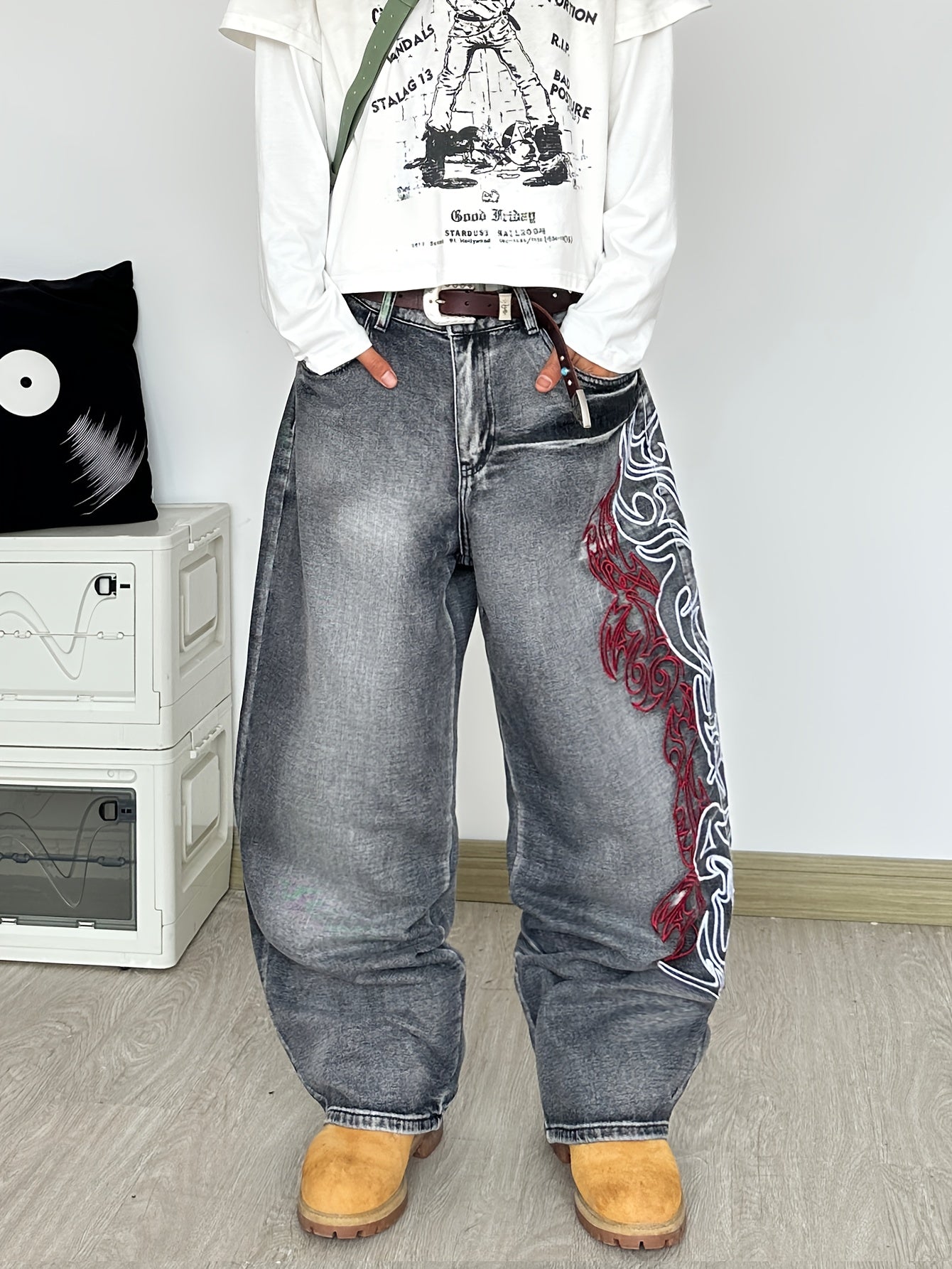 Vintage Dragon Flame Wide-Leg Jeans-Emmeus