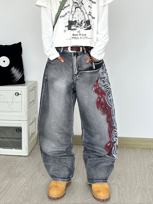 Vintage Dragon Flame Wide-Leg Jeans-Emmeus