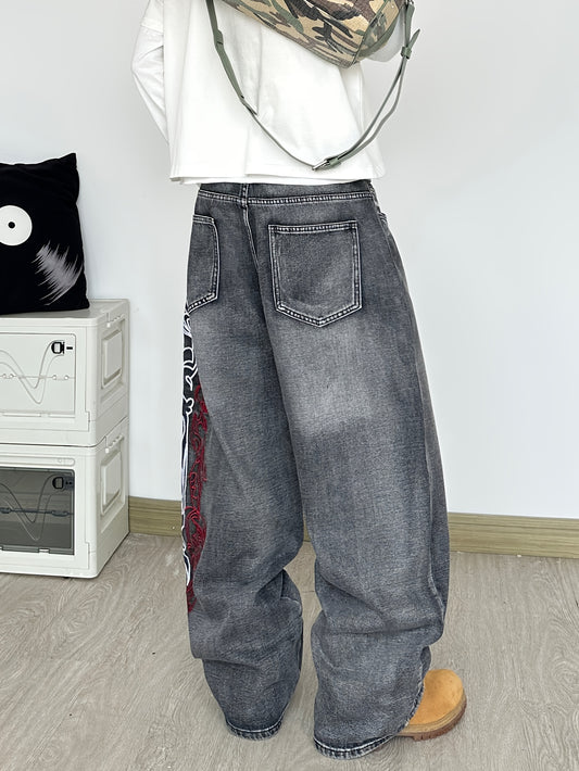 Vintage Dragon Flame Wide-Leg Jeans-Emmeus