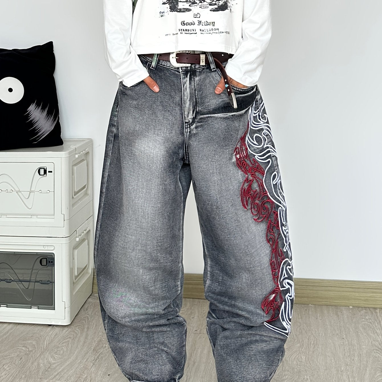 Vintage Dragon Flame Wide-Leg Jeans-Emmeus