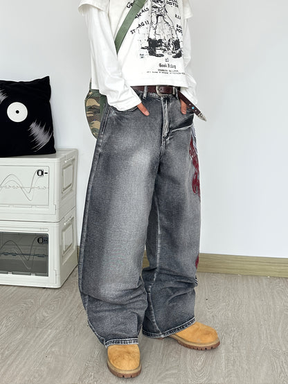 Vintage Dragon Flame Wide-Leg Jeans-Emmeus